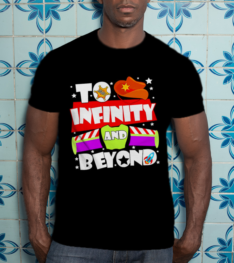 To Infinity And Beyond Toy Story Sheriff Badge Cowboy Hat Rocket T-Shirt