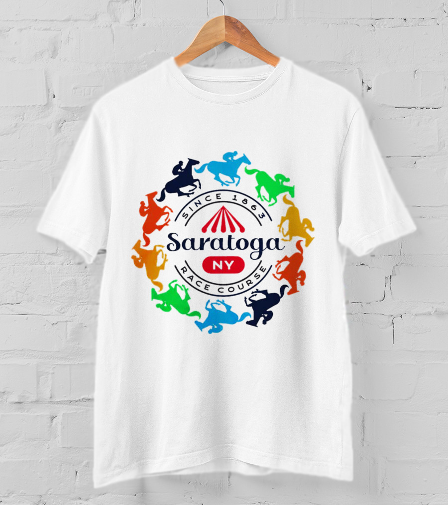 Saratoga NY Race Course Since 1863 Colorful Jockeying Nyra Authentics T-Shirt