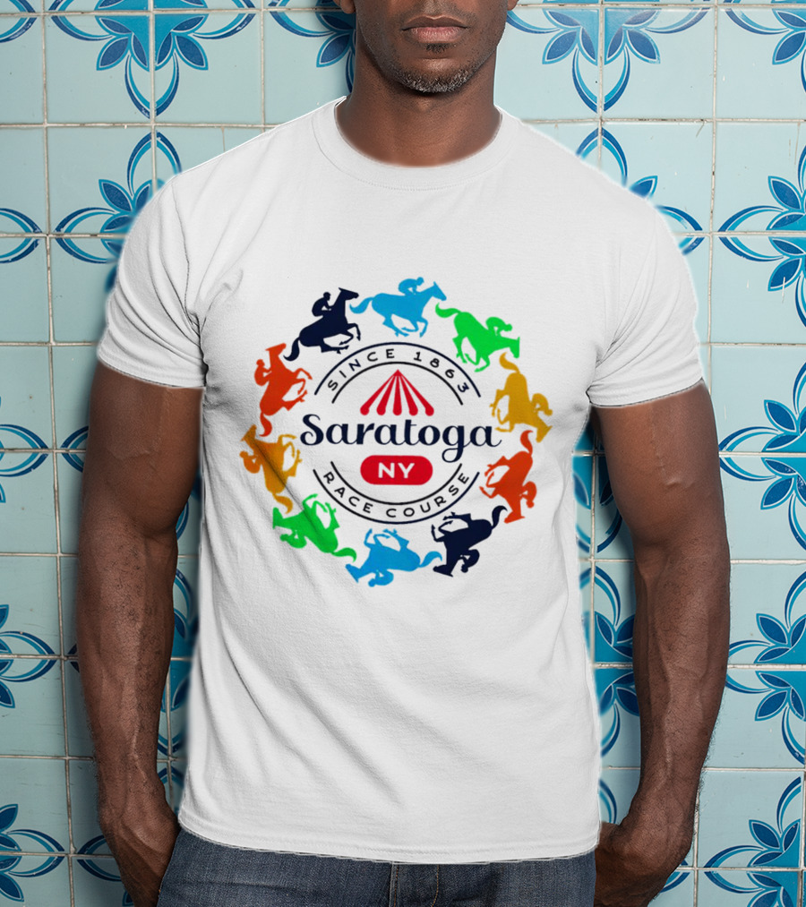 Saratoga NY Race Course Since 1863 Colorful Jockeying Nyra Authentics T-Shirt