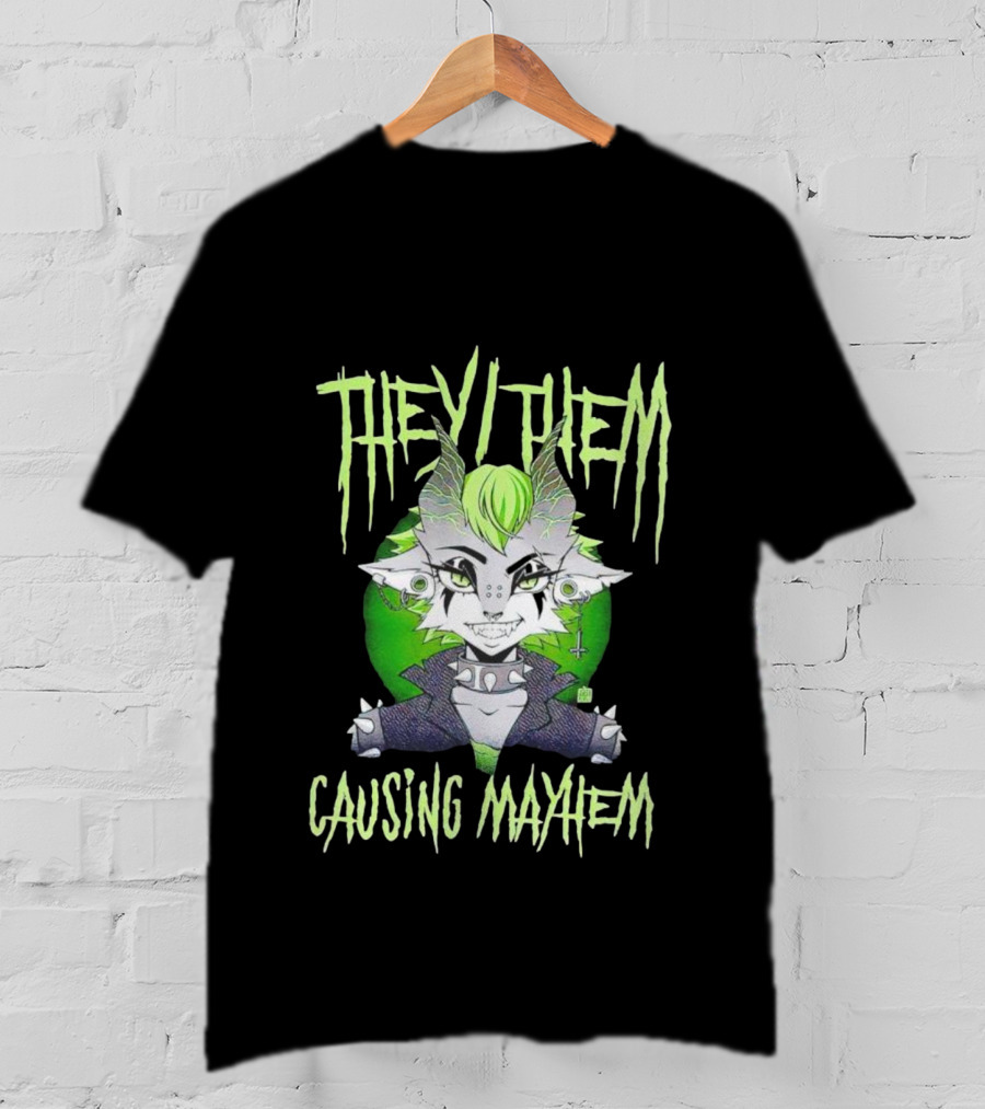 They Them Causing Mayhem Punk Monster Character With Green Hair And Spikes T-Shirt