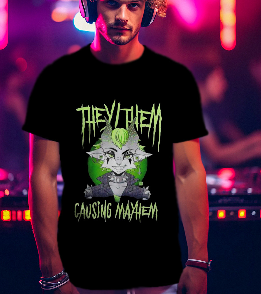 They Them Causing Mayhem Punk Monster Character With Green Hair And Spikes T-Shirt