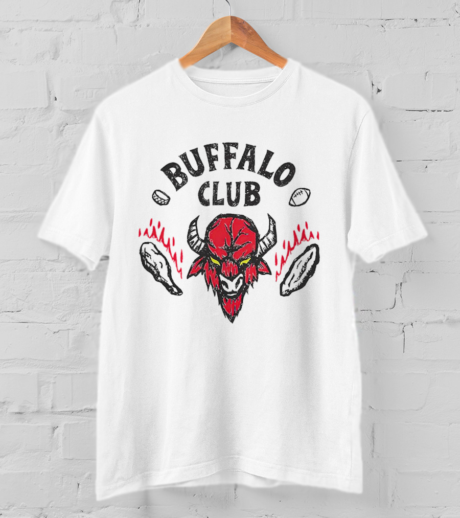 Buffalo Club Red Fiery Horned Beast With Footballs And Wings T-Shirt