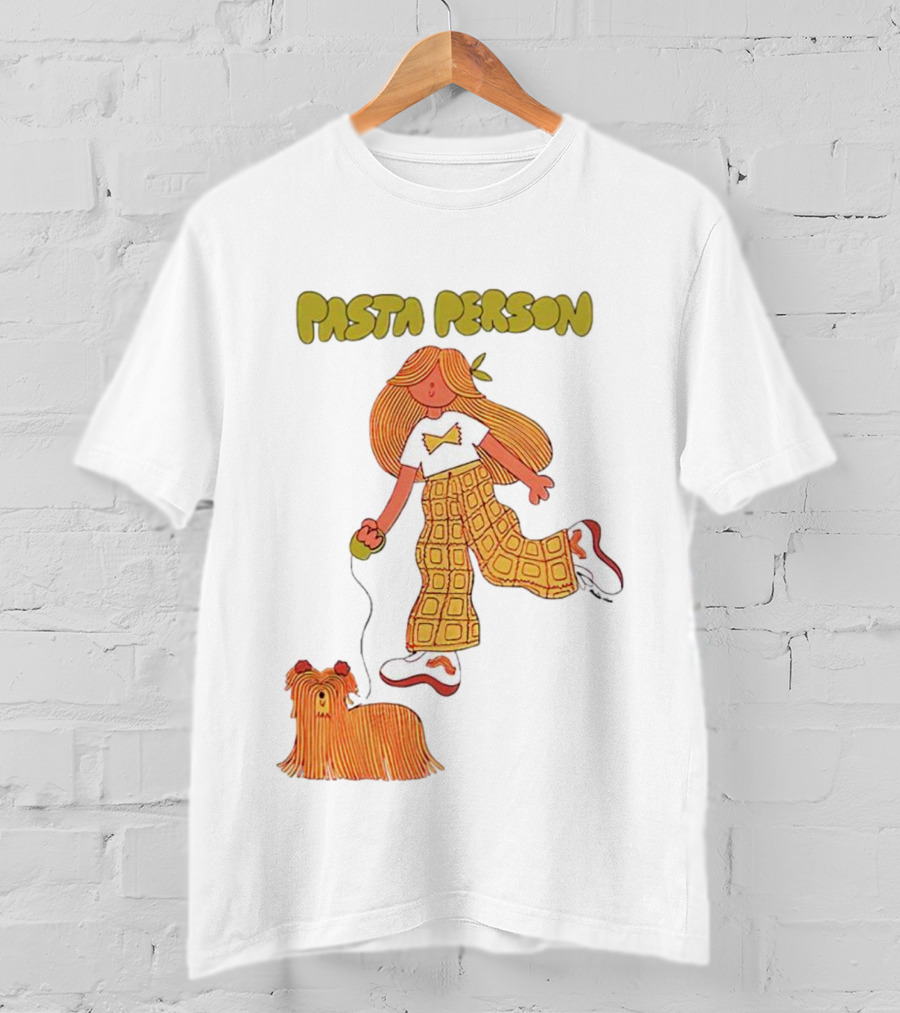 Pasta Person Walking Dog In Checkered Pants And White Sneakers T-Shirt