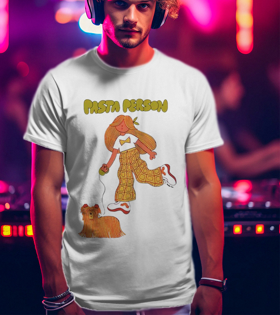 Pasta Person Walking Dog In Checkered Pants And White Sneakers T-Shirt