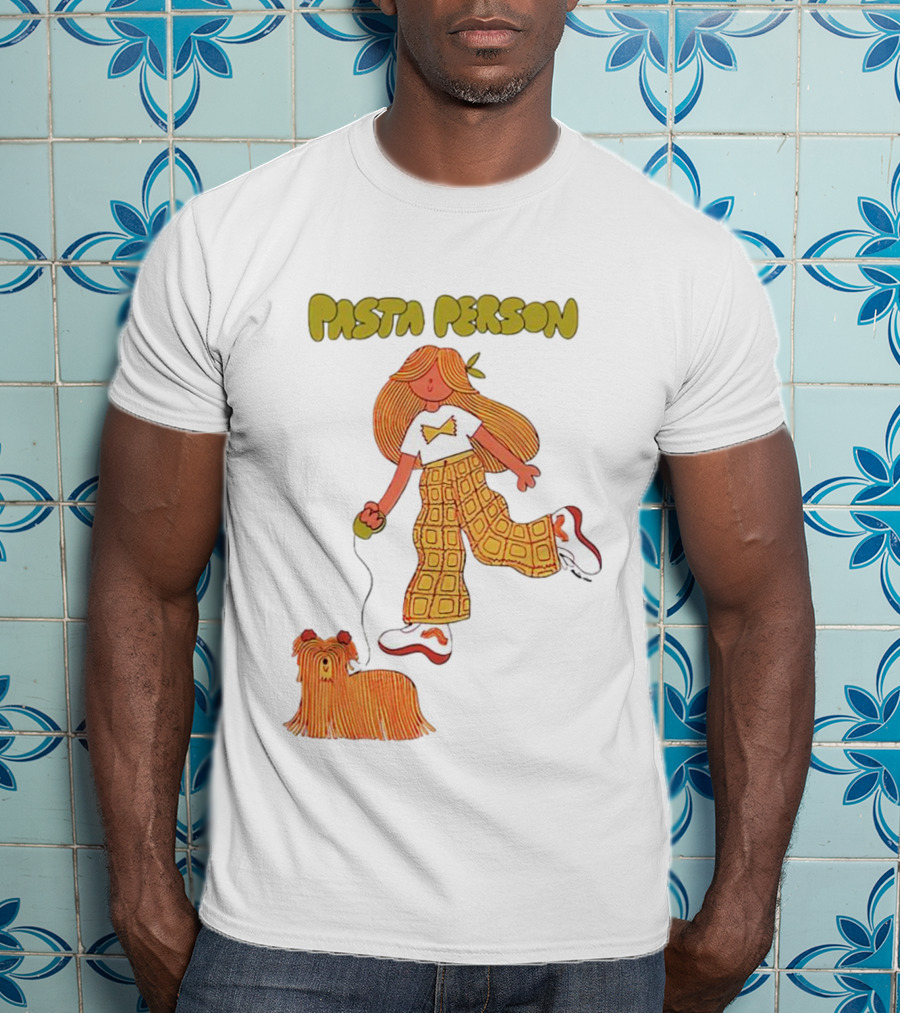 Pasta Person Walking Dog In Checkered Pants And White Sneakers T-Shirt