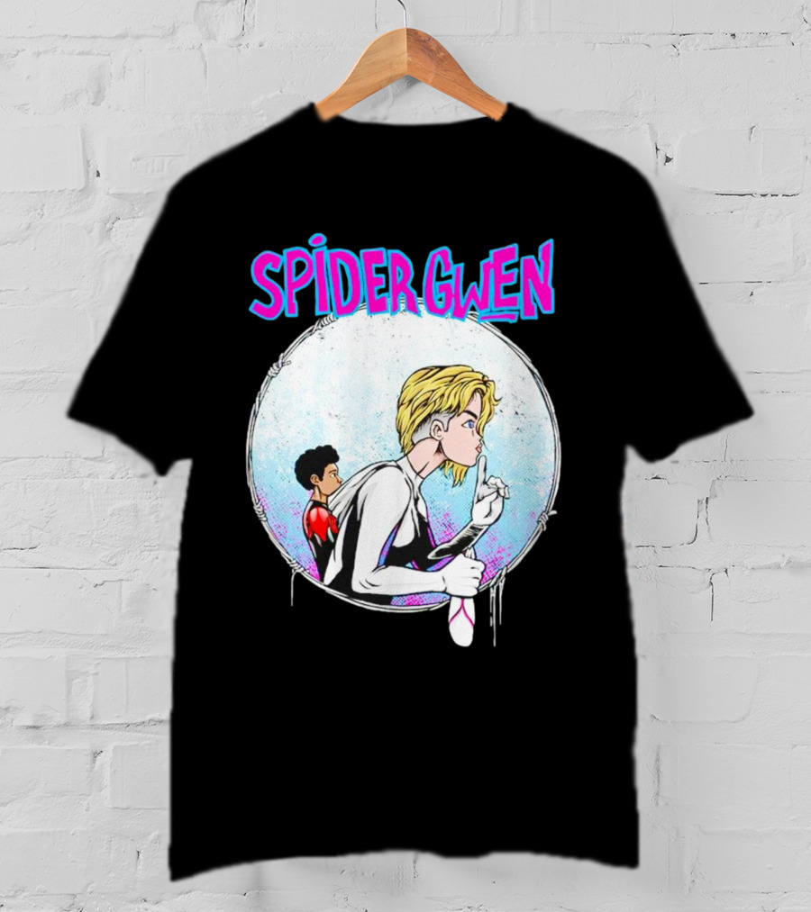Spider-Gwen Silence Gesture With Spider Emblem Background T-Shirt