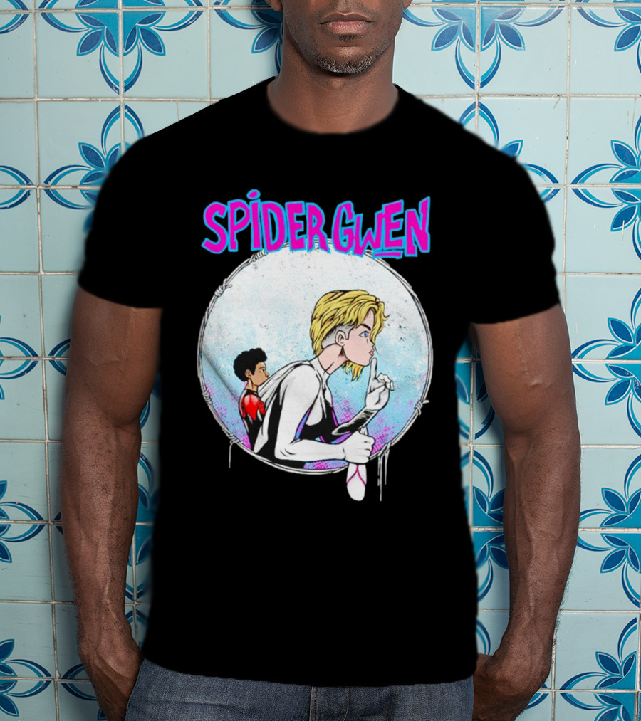 Spider-Gwen Silence Gesture With Spider Emblem Background T-Shirt