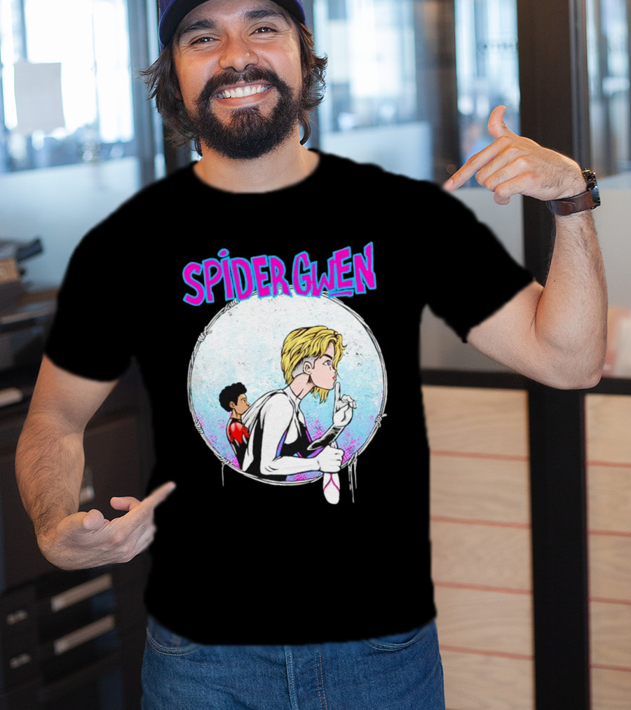 Spider-Gwen Silence Gesture With Spider Emblem Background T-Shirt