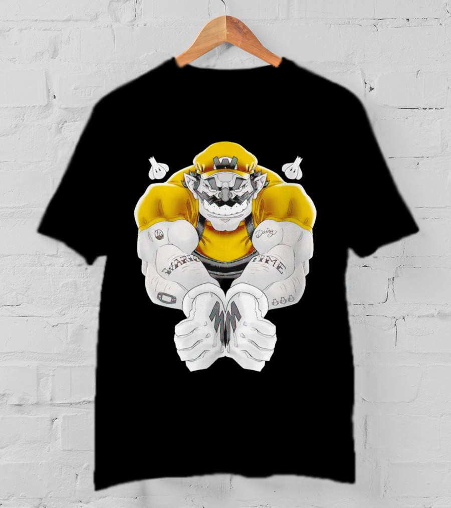 Wario Time Mario Daisy Tattoo With Yellow Cap And Muscle Pose T-Shirt