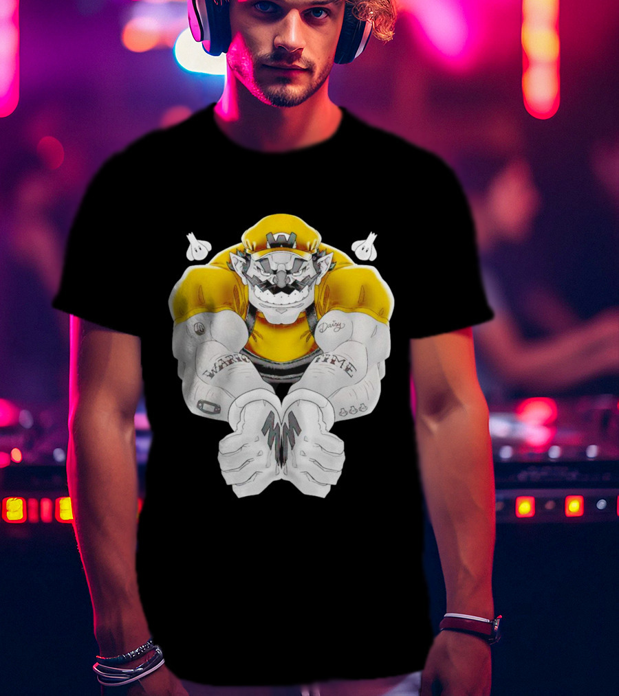 Wario Time Mario Daisy Tattoo With Yellow Cap And Muscle Pose T-Shirt