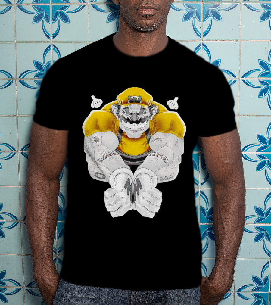 Wario Time Mario Daisy Tattoo With Yellow Cap And Muscle Pose T-Shirt