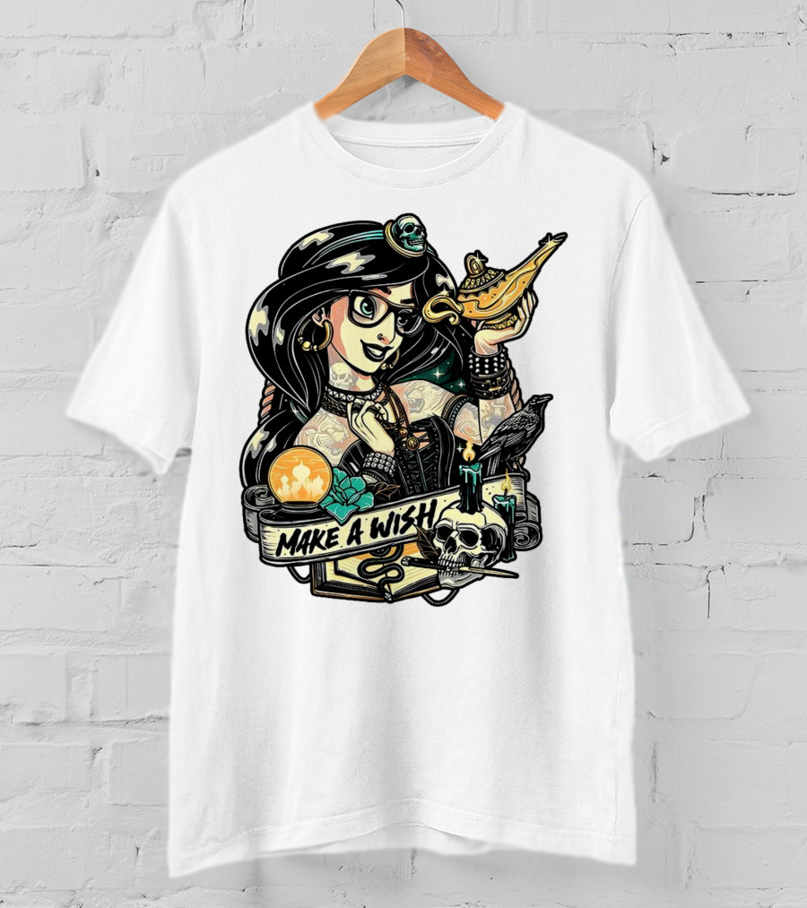 Jasmine Princess Aladdin Make A Wish Tattoo Style With Skull And Lamp T-Shirt
