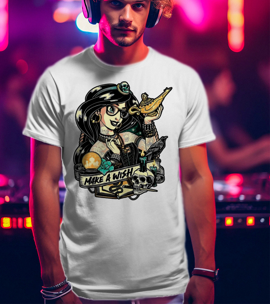Jasmine Princess Aladdin Make A Wish Tattoo Style With Skull And Lamp T-Shirt