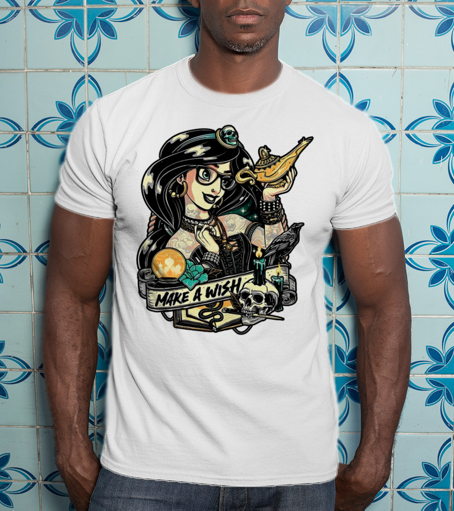 Jasmine Princess Aladdin Make A Wish Tattoo Style With Skull And Lamp T-Shirt