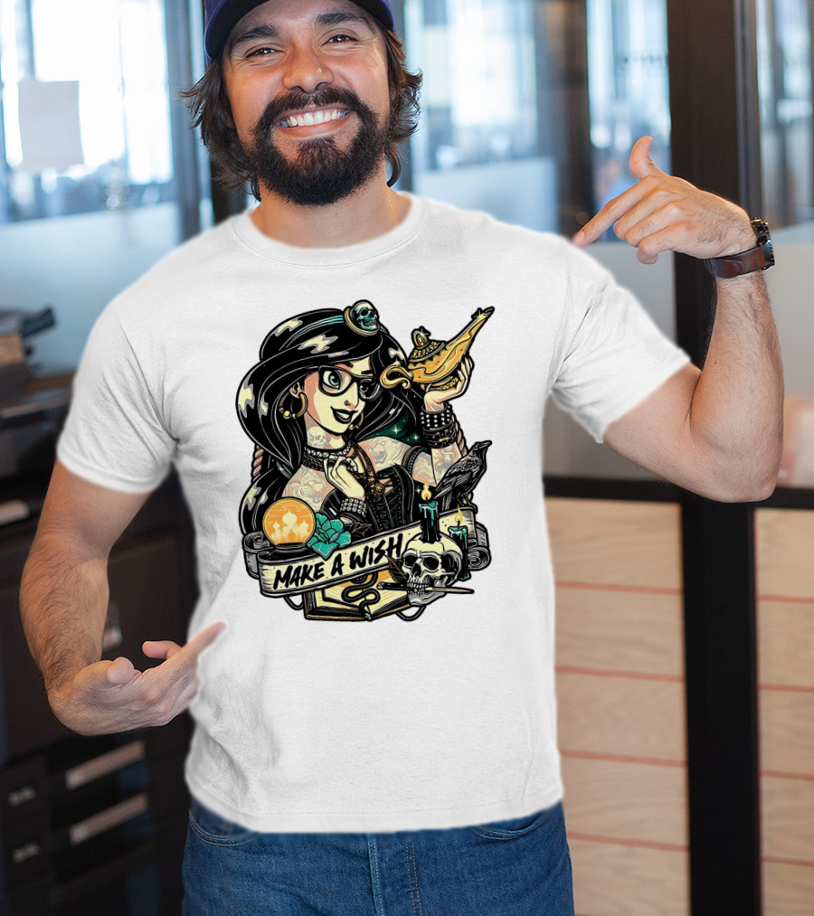 Jasmine Princess Aladdin Make A Wish Tattoo Style With Skull And Lamp T-Shirt