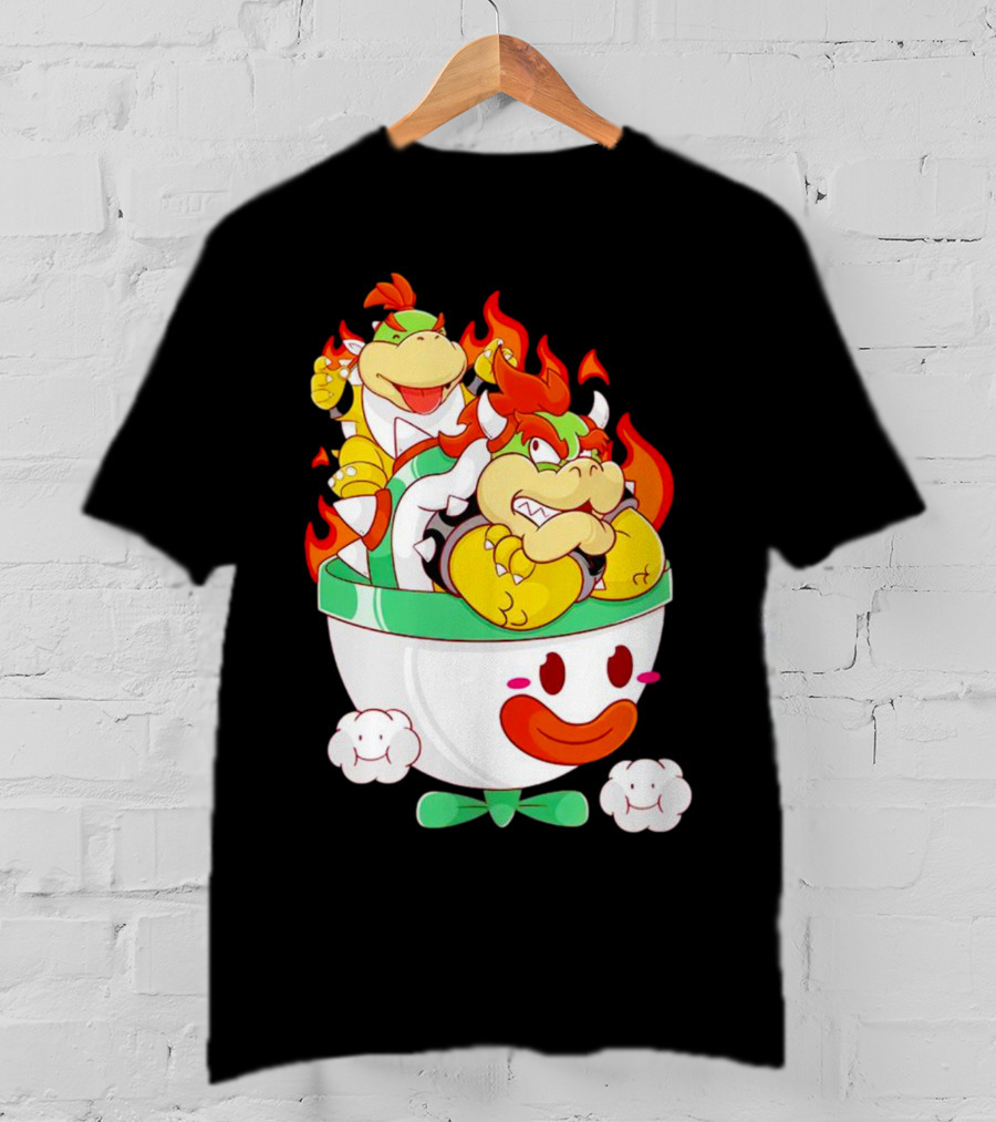 Bowser And Bowser Jr. Father And Son In Clown Car With Flames T-Shirt