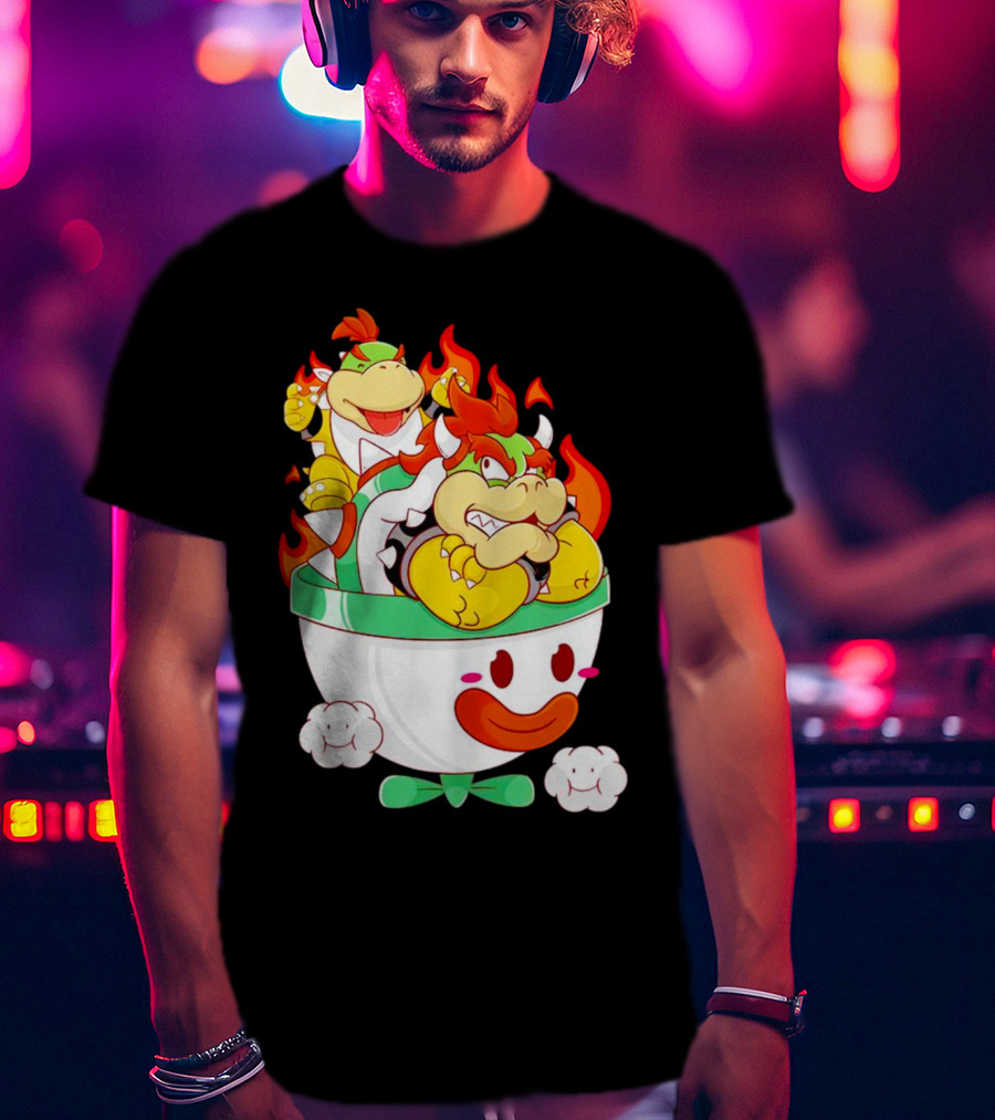 Bowser And Bowser Jr. Father And Son In Clown Car With Flames T-Shirt