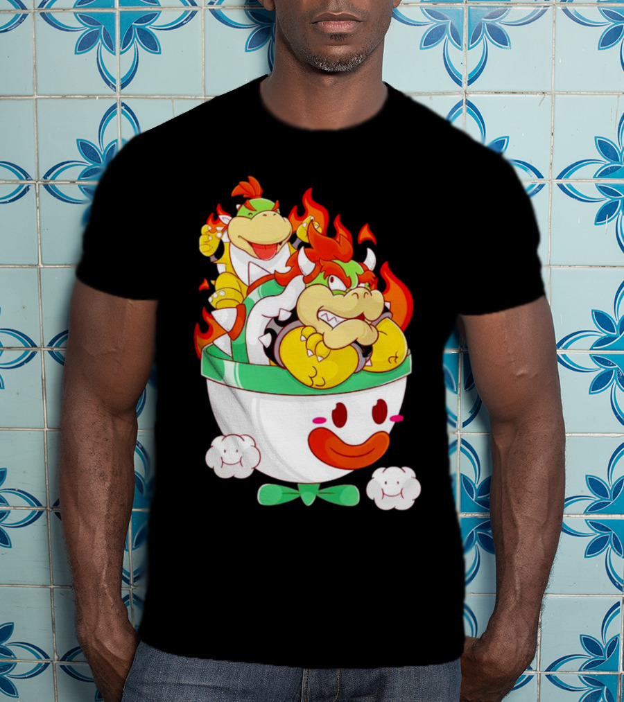 Bowser And Bowser Jr. Father And Son In Clown Car With Flames T-Shirt