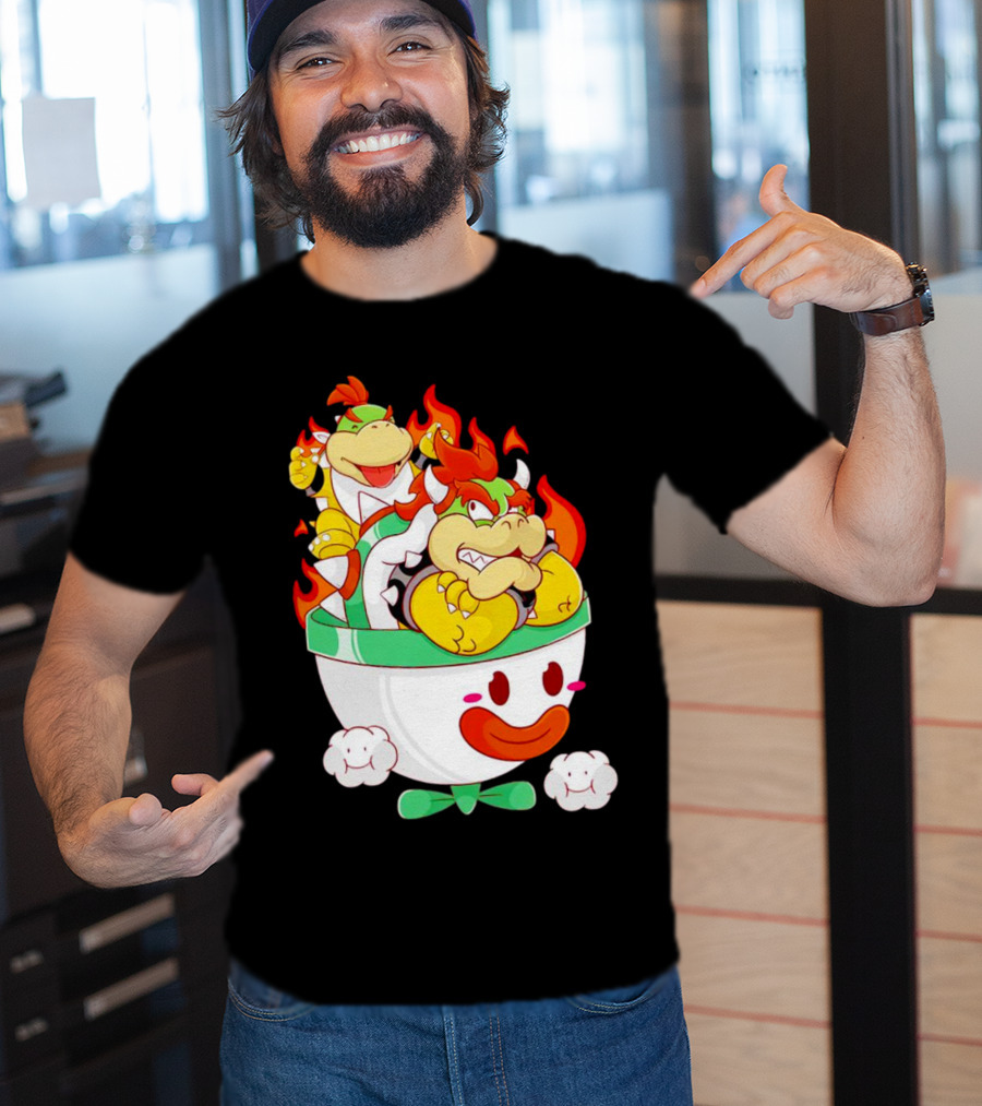 Bowser And Bowser Jr. Father And Son In Clown Car With Flames T-Shirt