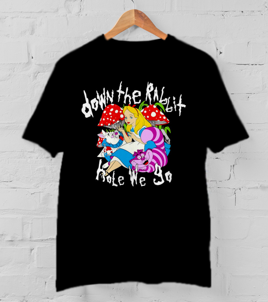 Down The Rabbit Hole We Go Alice Cat Mushrooms Wonderland T-Shirt