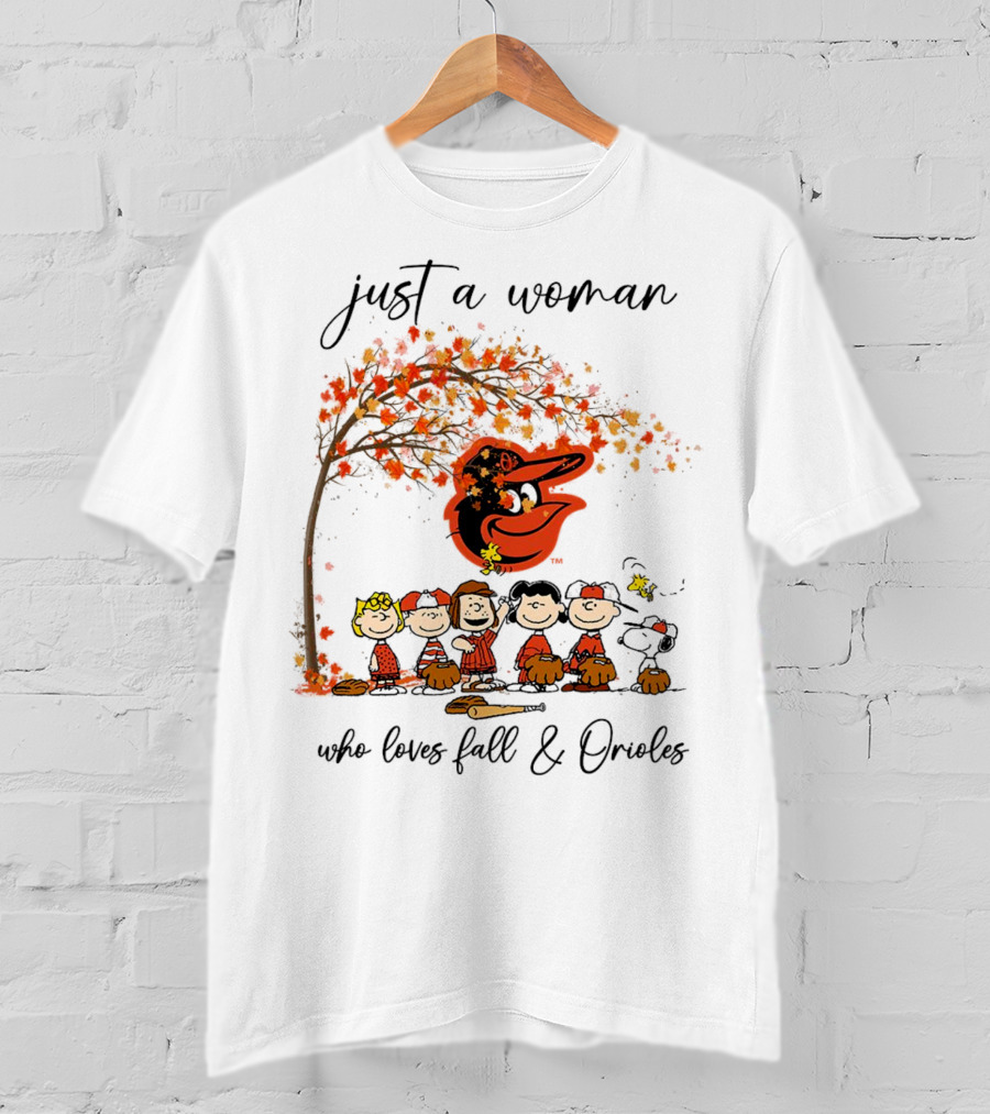 Just A Woman Who Loves Fall And Orioles Peanuts Football Thanksgiving T-Shirt