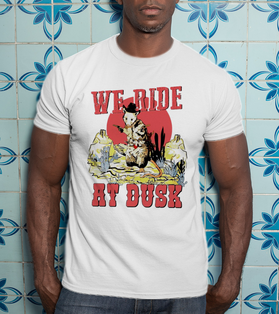 Raccoon Cowboy Desert Adventure We Ride At Dusk T-Shirt