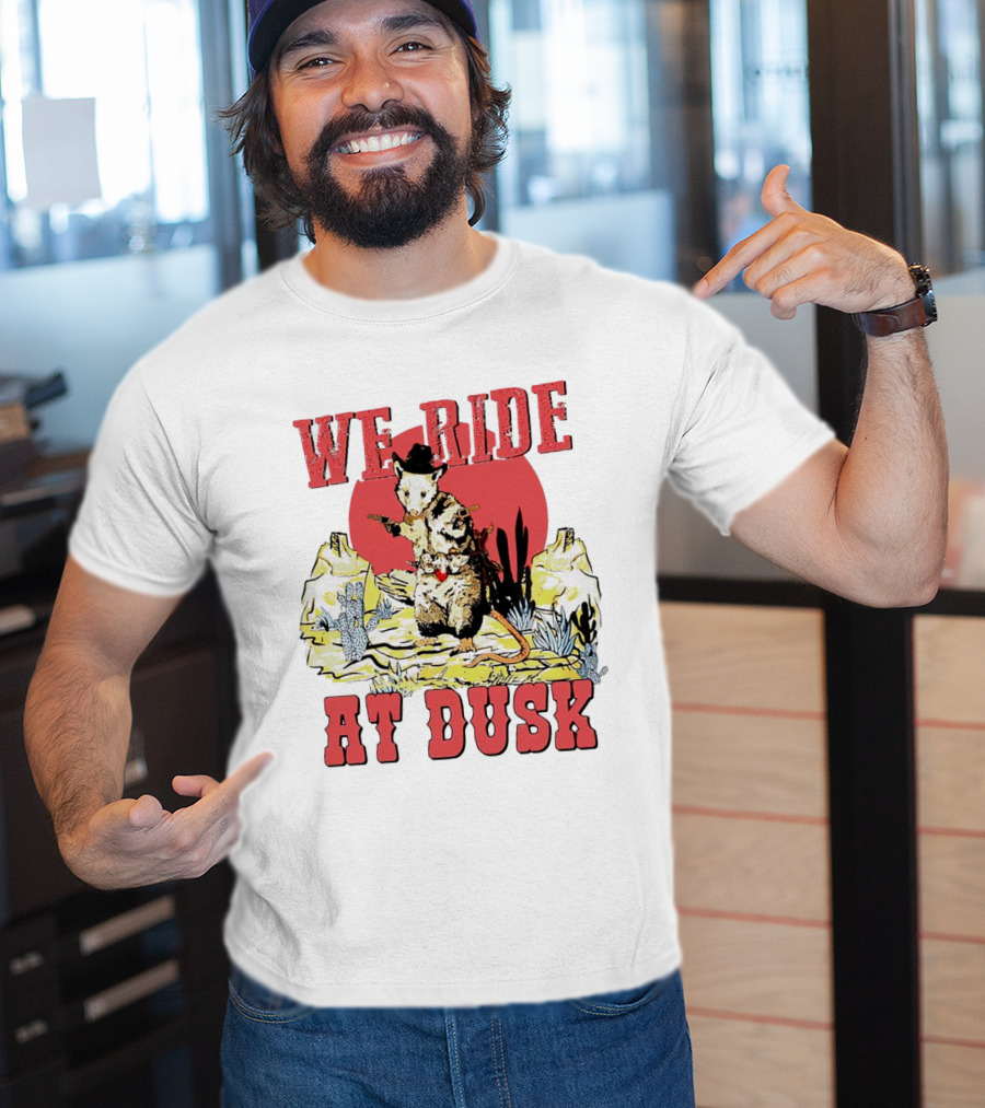 Raccoon Cowboy Desert Adventure We Ride At Dusk T-Shirt