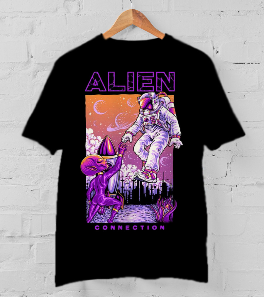 Alien And Astronaut Universal Bond Under Neon Cosmic Sky T-Shirt