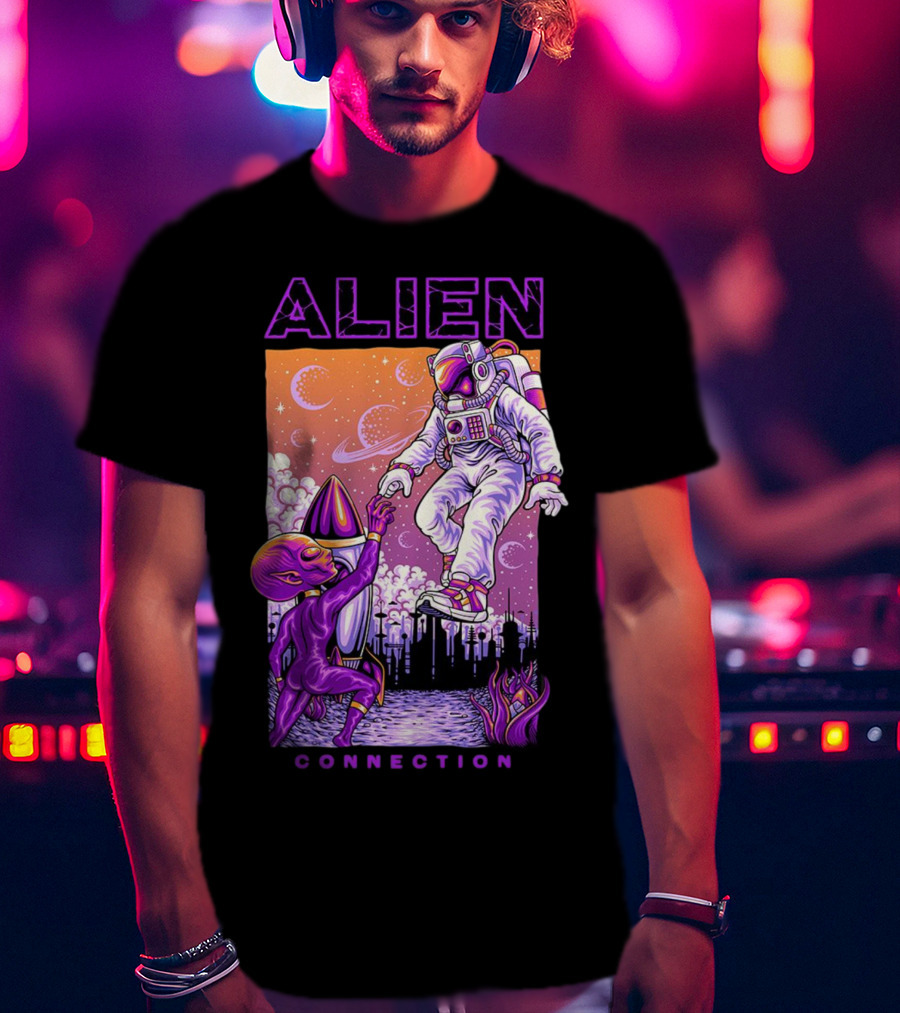 Alien And Astronaut Universal Bond Under Neon Cosmic Sky T-Shirt