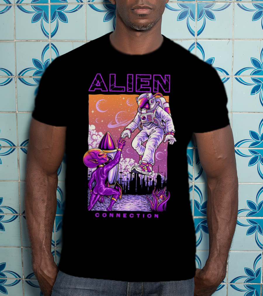 Alien And Astronaut Universal Bond Under Neon Cosmic Sky T-Shirt