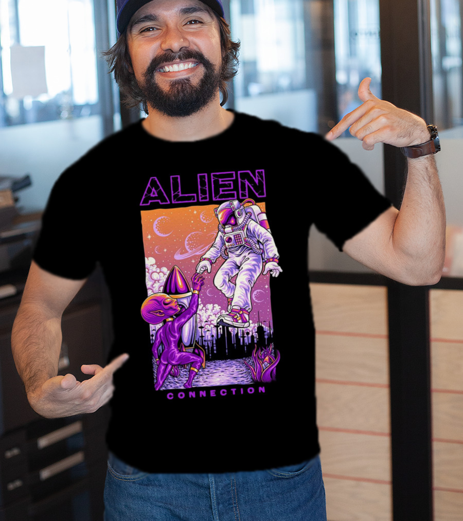Alien And Astronaut Universal Bond Under Neon Cosmic Sky T-Shirt