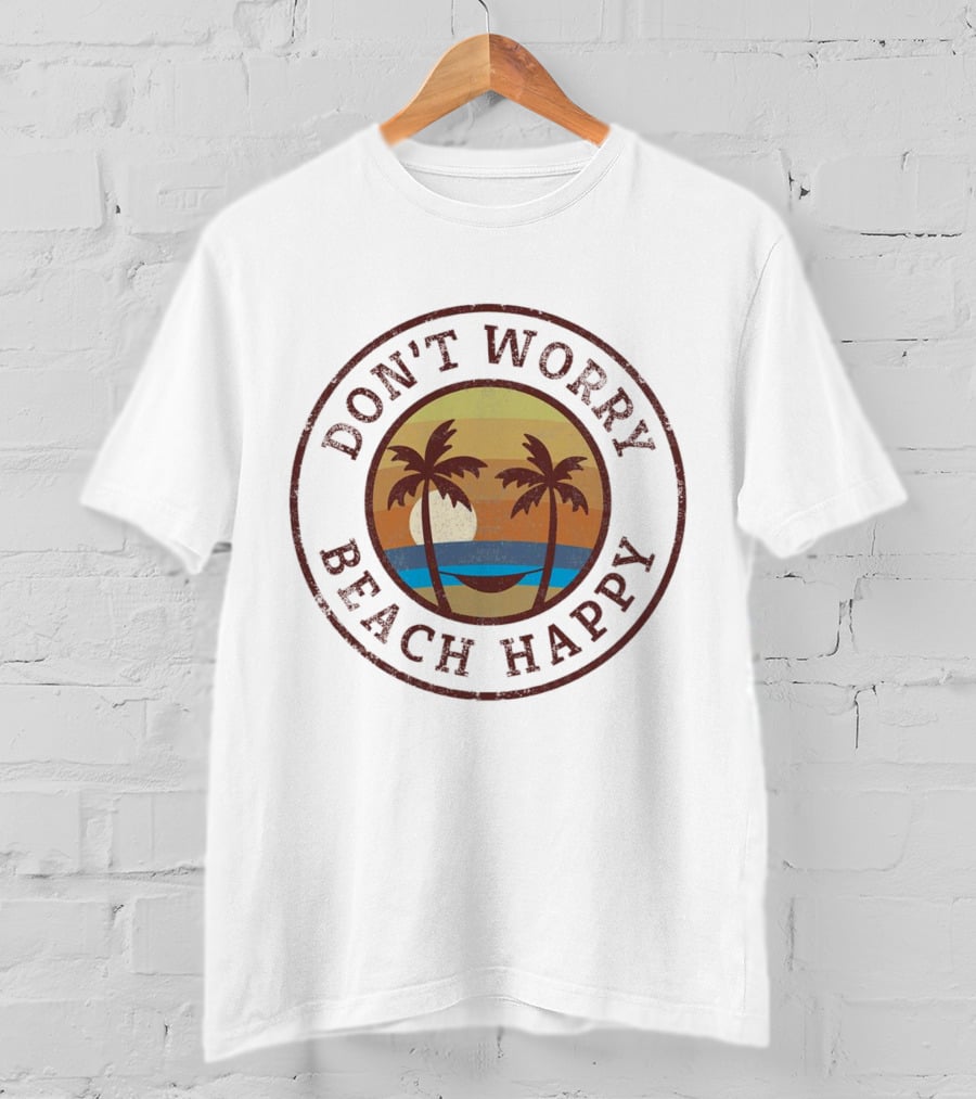 Don’t Worry Beach Happy Palm Trees Sunset Hammock Retro Circle T-Shirt