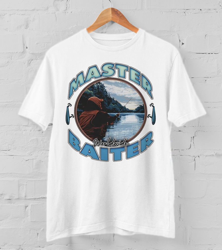 Master Baiter Worldwide Fishing Scene With Blue Text And Water Reflection T-Shirt