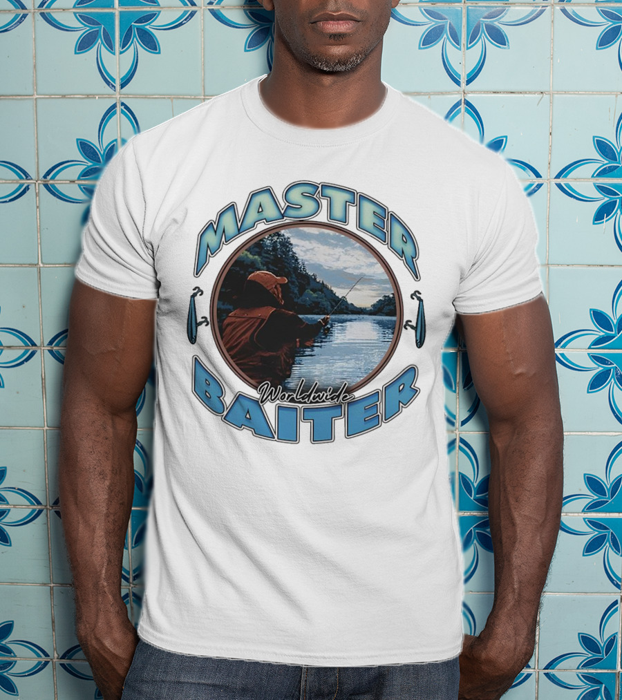 Master Baiter Worldwide Fishing Scene With Blue Text And Water Reflection T-Shirt
