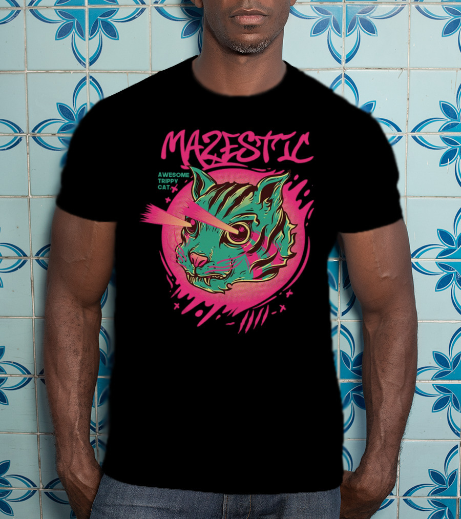 Mazestic Awesome Trippy Cat Psychedelic Neon Laser Eyes T-Shirt