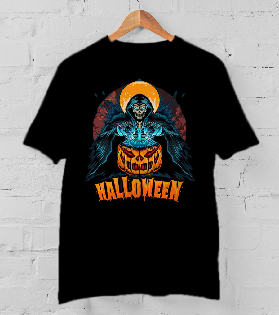 Grim Reaper With Pumpkin And Full Moon Halloween T-Shirt