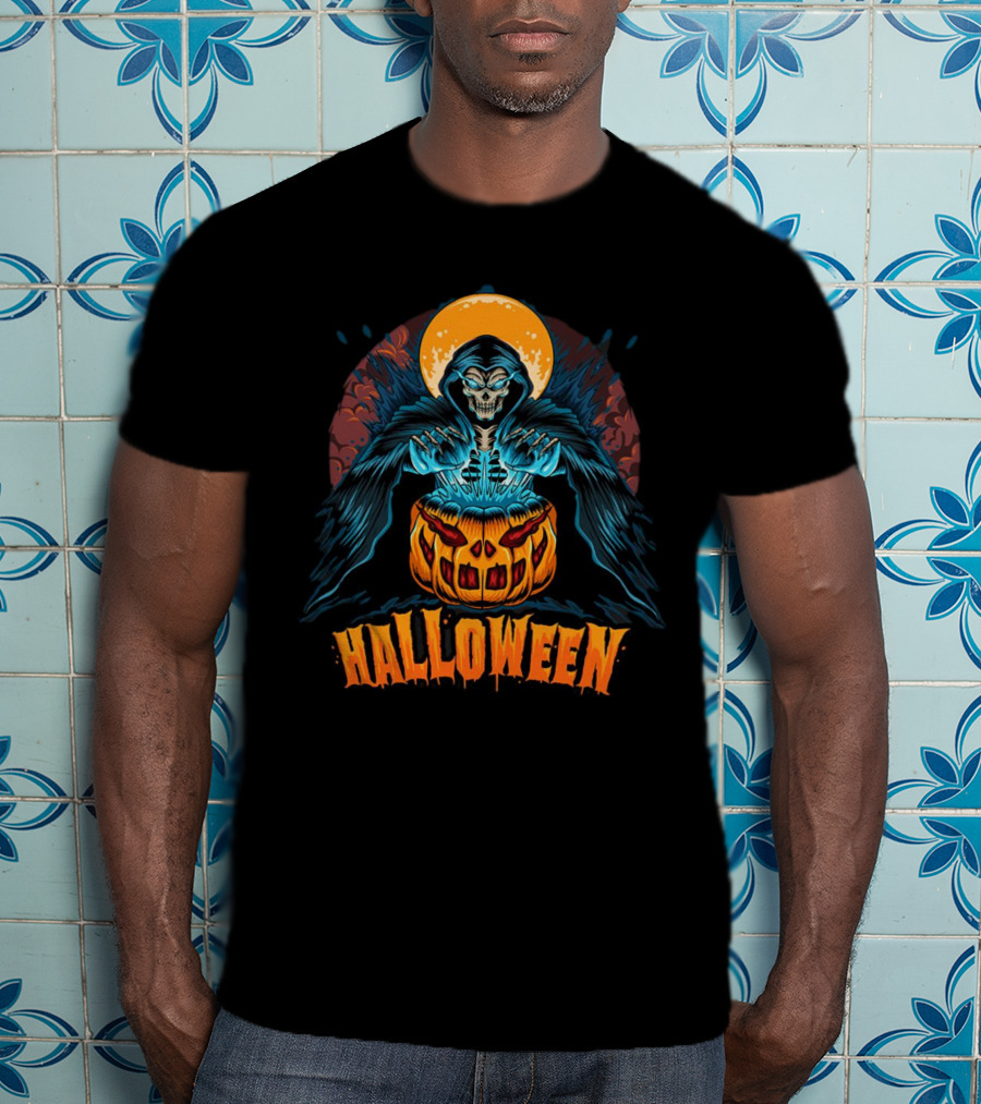 Grim Reaper With Pumpkin And Full Moon Halloween T-Shirt