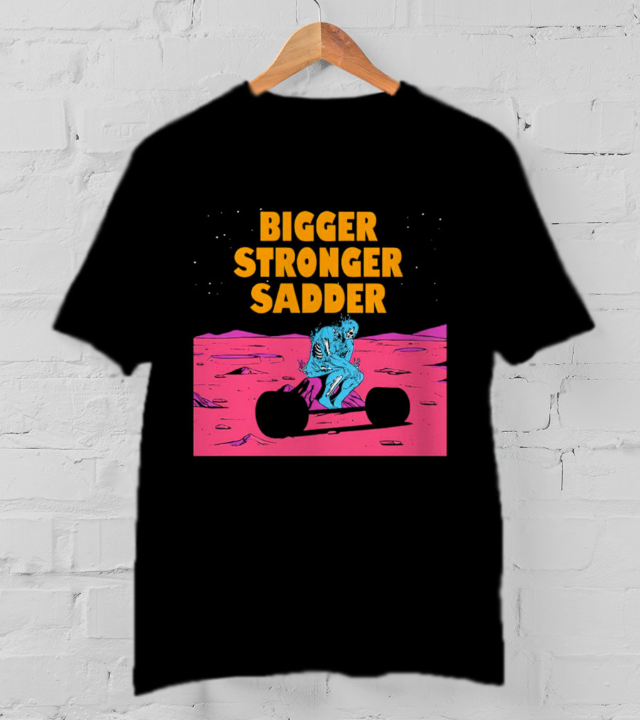 Bigger Stronger Sadder Skeleton Lifting Weights On Alien Planet T-Shirt
