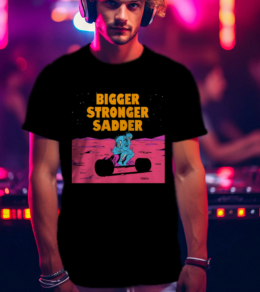 Bigger Stronger Sadder Skeleton Lifting Weights On Alien Planet T-Shirt