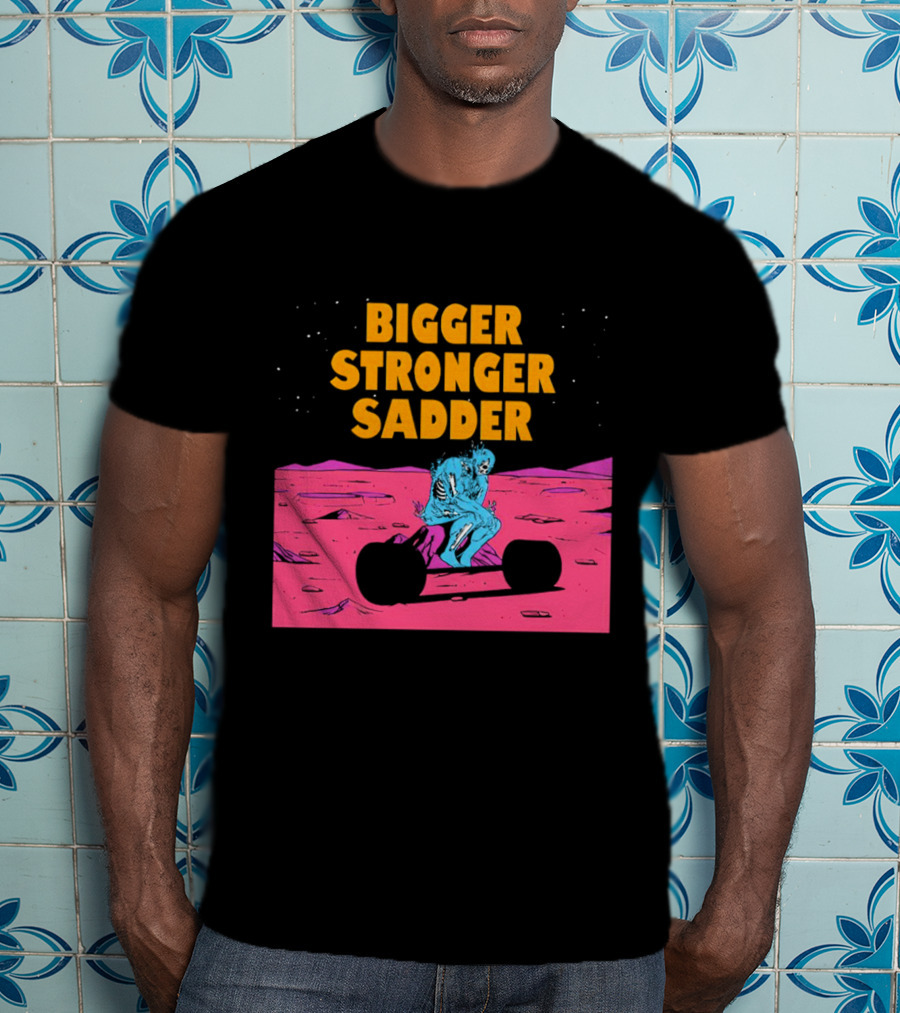 Bigger Stronger Sadder Skeleton Lifting Weights On Alien Planet T-Shirt