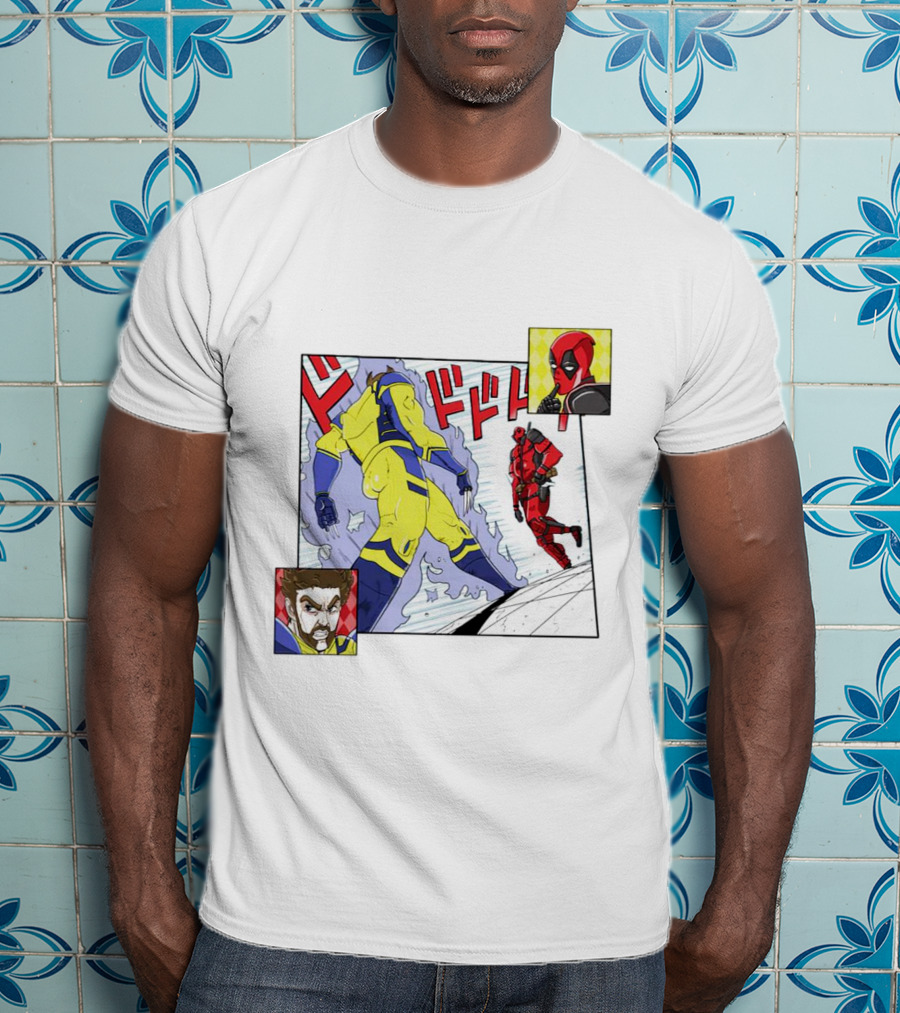 Intimate Enemies Deadpool Confrontation With Wolverine Comic Style Panel T-Shirt