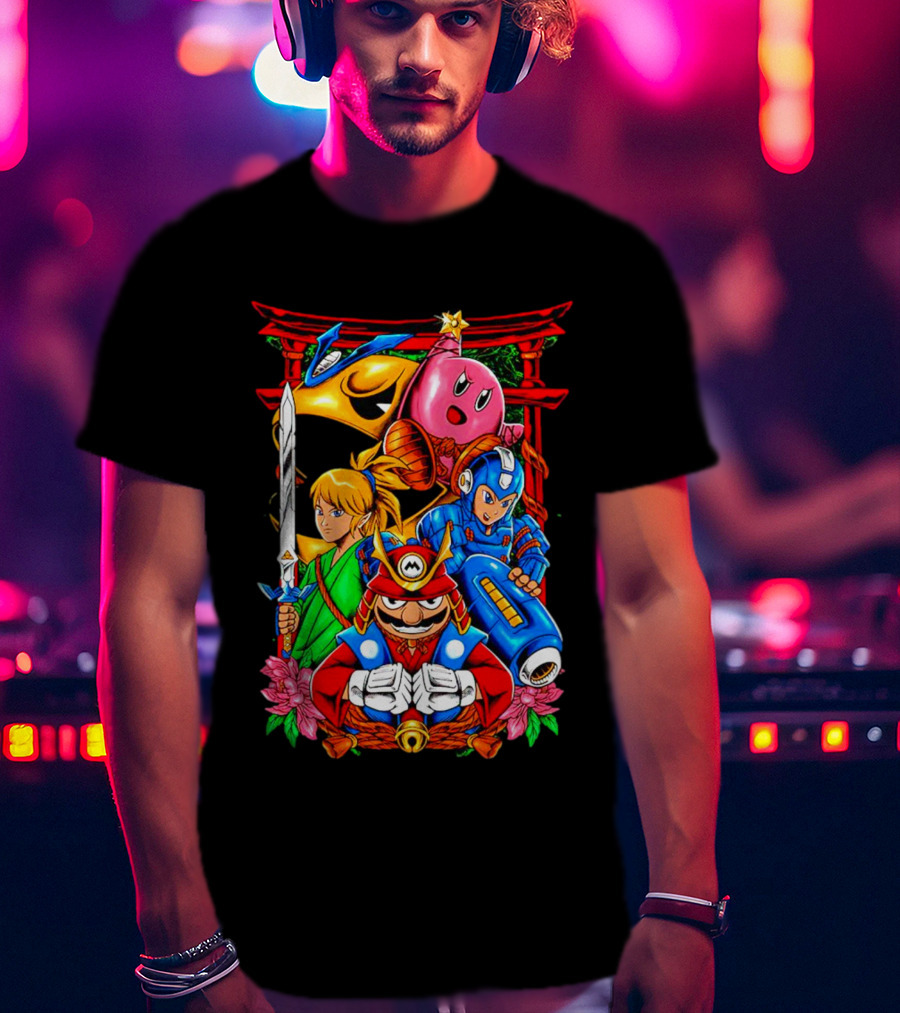 Game Heroes Showcase Pac-Man Kirby Link Mega Man Mario Collaboration T-Shirt