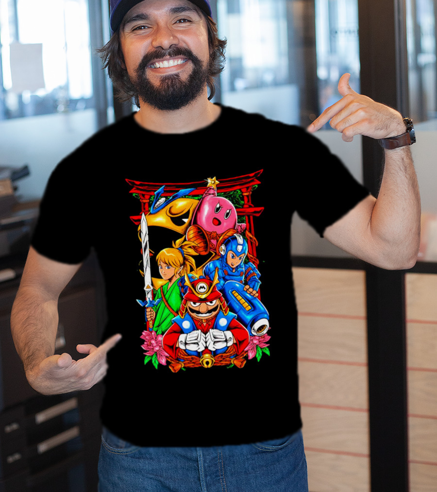Game Heroes Showcase Pac-Man Kirby Link Mega Man Mario Collaboration T-Shirt