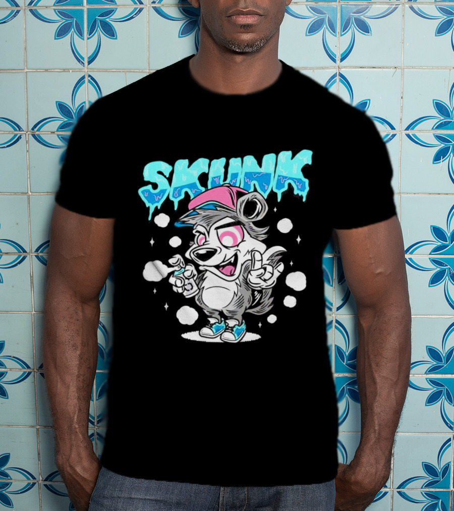 Skunk Grafiti Cartoon Hip Hop Character With Cap And Spray Paint T-Shirt
