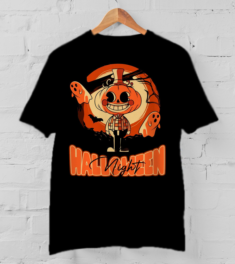 Halloween Night Pumpkin Head Boy With Ghosts And Bats T-Shirt