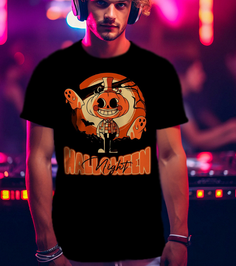 Halloween Night Pumpkin Head Boy With Ghosts And Bats T-Shirt