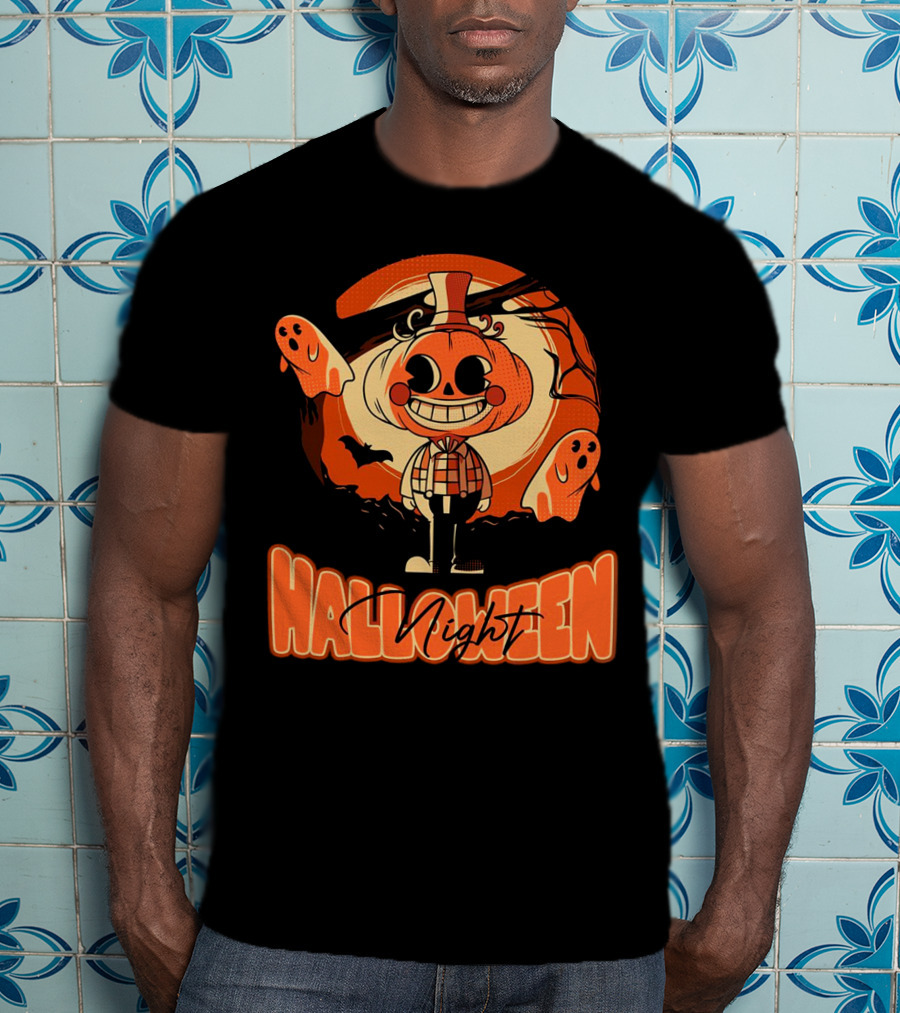 Halloween Night Pumpkin Head Boy With Ghosts And Bats T-Shirt