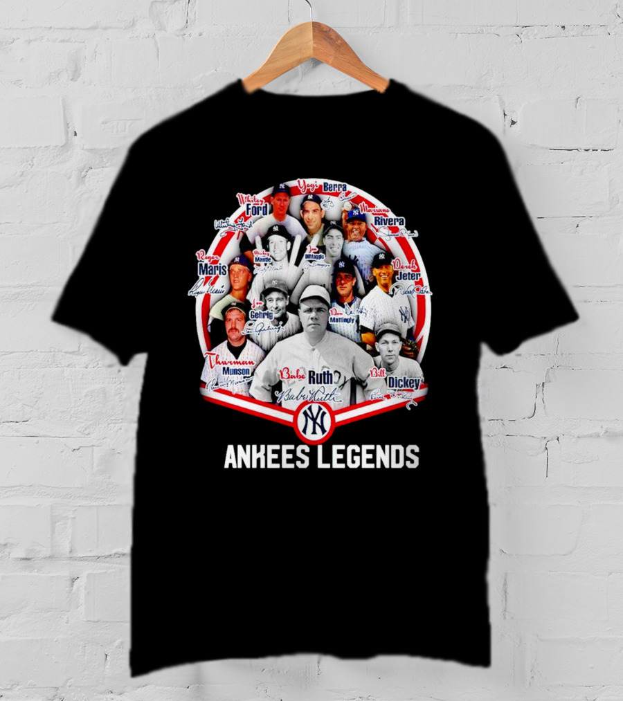 NEW Yankees Legends Babe Ruth Mickey Mantle Derek Jeter Rivera Berra Gehrig Signature T-Shirt