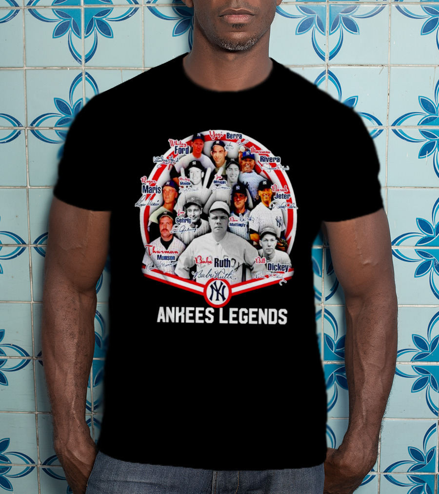 NEW Yankees Legends Babe Ruth Mickey Mantle Derek Jeter Rivera Berra Gehrig Signature T-Shirt