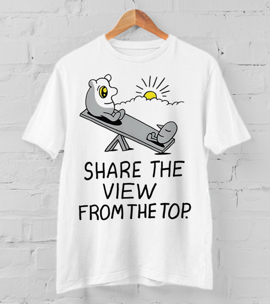 Share The View From The Top - Cartoon Figures On Teeter-Totter With Sunset T-Shirt